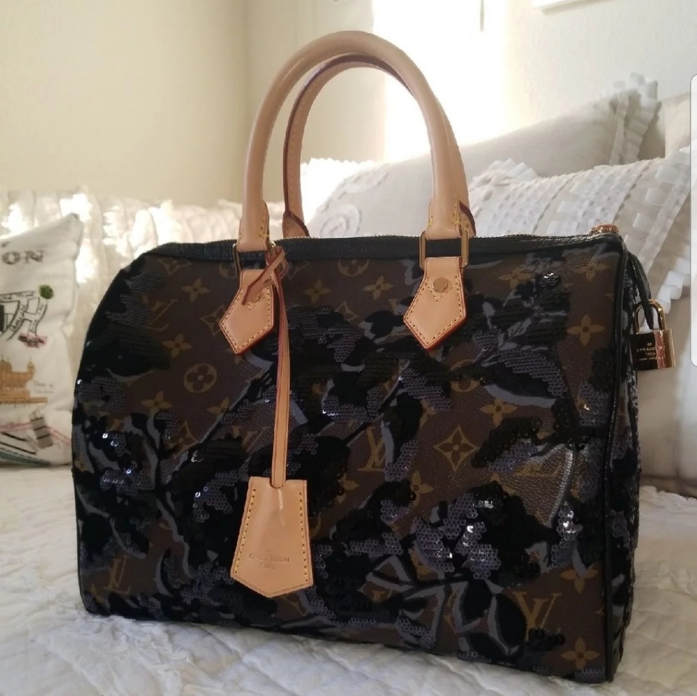 Louis Vuitton Brown Monogram Patent Speedy with Black Sequin Camouflage Accents